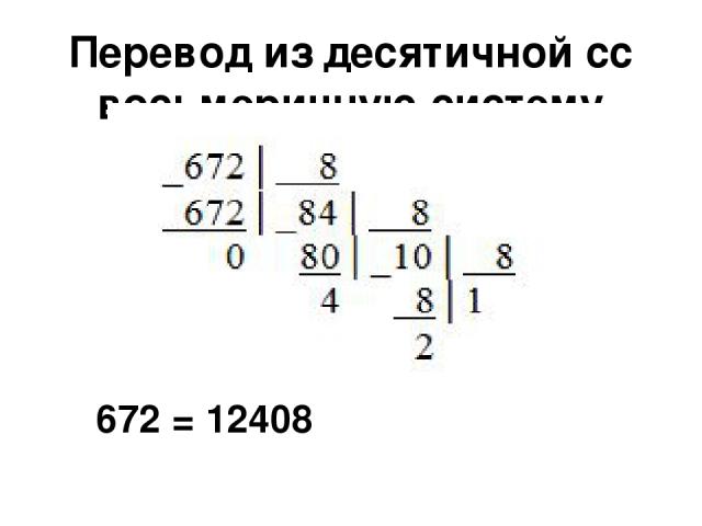 Перевод из десятичной сс восьмеричную систему счисления 672 = 12408