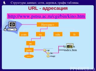 URL - адресация http://www.pstsu.ac.ru/cgi/bin/kino.htm Интернет com ru edu fr a