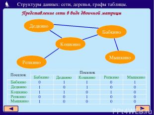 Представление сети в виде двоичной матрицы Дедкино Бабкино Кошкино Репкино Мышки