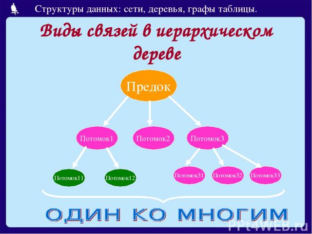 Виды связей в иерархическом дереве Предок Потомок1 Потомок2 Потомок3 Потомок11 Потомок12 Потомок31 Потомок32 Потомок33 Структуры данных: сети, деревья, графы таблицы.