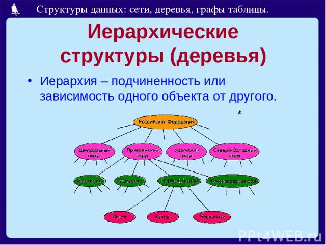 Иерархические структуры (деревья) Иерархия – подчиненность или зависимость одного объекта от другого. Структуры данных: сети, деревья, графы таблицы.