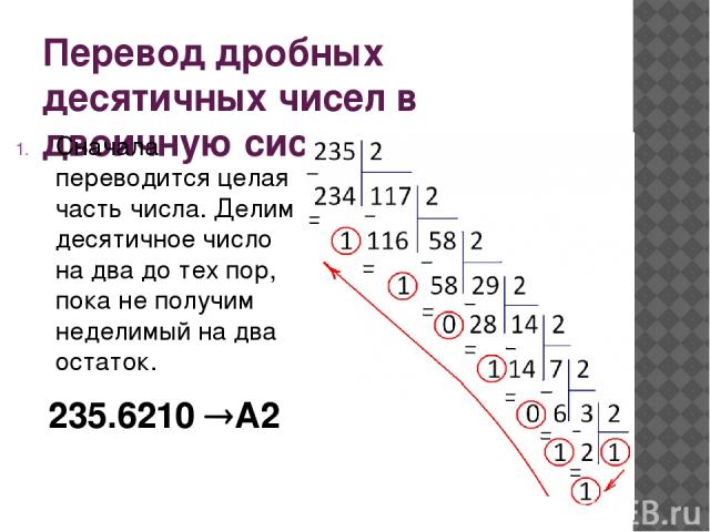 Перевод дробных десятичных чисел в двоичную систему Сначала переводится целая часть числа. Делим десятичное число на два до тех пор, пока не получим неделимый на два остаток.  235.6210 А2