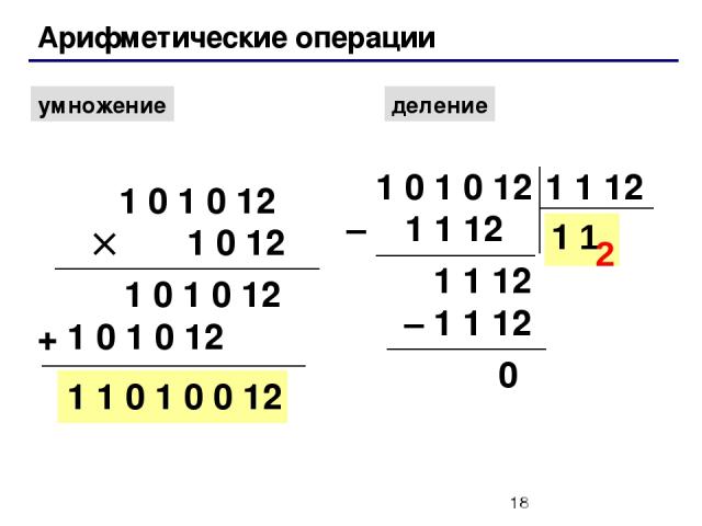 Арифметические операции умножение деление 1 0 1 0 12 1 0 12 1 0 1 0 12 + 1 0 1 0 12 1 1 0 1 0 0 12 1 0 1 0 12 – 1 1 12 1 1 12 1 1 1 12 – 1 1 12 0 1 2