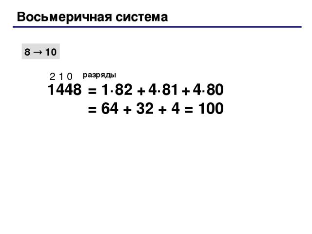 Восьмеричная система 8 10 1448 2 1 0 разряды = 1·82 + 4·81 + 4·80 = 64 + 32 + 4 = 100