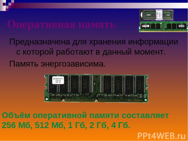 Оперативная память Предназначена для хранения информации с которой работают в данный момент. Память энергозависима. Объём оперативной памяти составляет 256 Mб, 512 Mб, 1 Гб, 2 Гб, 4 Гб. *