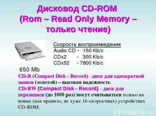 Дисковод CD-ROM (Rom – Read Only Memory – только чтение) 650 Mb Скорость воспрои