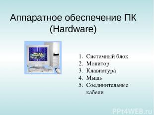 Аппаратное обеспечение ПК (Hardware) Системный блок Монитор Клавиатура Мышь Соед