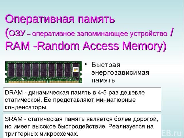 Оперативная память (ОЗУ – оперативное запоминающее устройство / RAM -Random Access Memory) Быстрая энергозависимая память SRAM - статическая память является более дорогой, но имеет высокое быстродействие. Реализуется на триггерных микросхемах. DRAM …