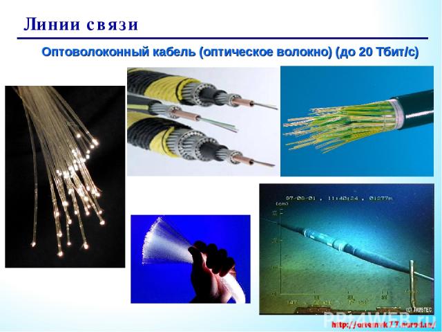 Линии связи Оптоволоконный кабель (оптическое волокно) (до 20 Тбит/с)