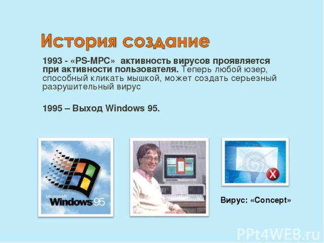 1993 - «PS-MPC» активность вирусов проявляется при активности пользователя. Теперь любой юзер, способный кликать мышкой, может создать серьезный разрушительный вирус 1995 – Выход Windows 95. Вирус: «Concept»