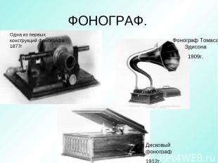 ФОНОГРАФ. Одна из первых конструкций фонографа 1877г