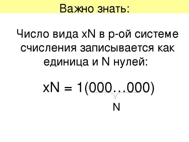 Важно знать: Число вида хN в p-ой системе счисления записывается как единица и N нулей: хN = 1(000…000) N