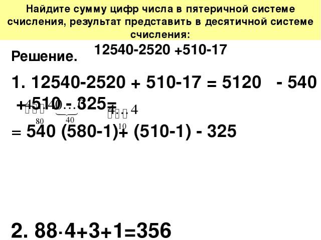 Найдите сумму цифр числа в пятеричной системе счисления, результат представить в десятичной системе счисления: 12540-2520 +510-17 Решение. 1. 12540-2520 + 510-17 = 5120 - 540 + 510 - 325= = 540 (580-1)+ (510-1) - 325 2. 88·4+3+1=356 Ответ: 356