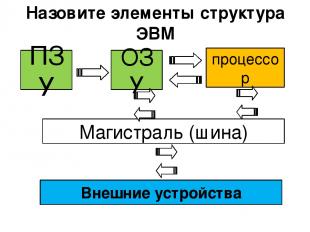 Назовите элементы структура ЭВМ Магистраль (шина) ОЗУ процессор Внешние устройст