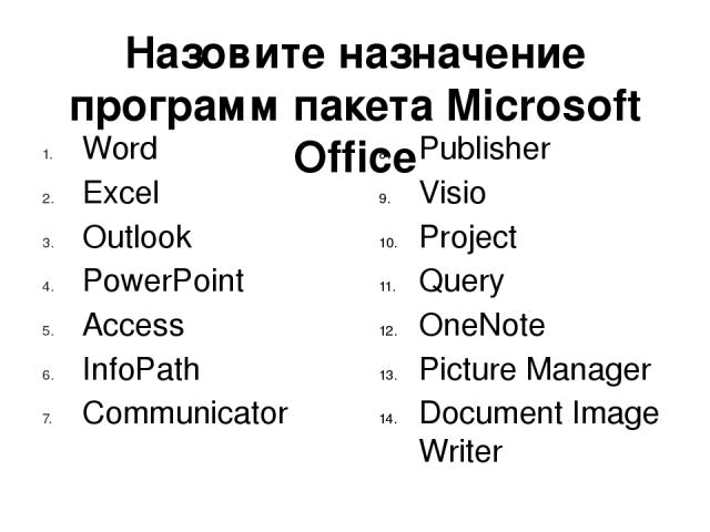Назовите назначение программ пакета Microsoft Office Word  Excel  Outlook PowerPoint  Access  InfoPath  Communicator  Publisher  Visio  Project  Query  OneNote  Picture Manager  Document Image Writer 