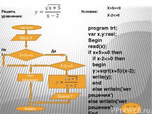 Решить уравнение: program trt; var x,y:real; Begin read(x); if x+5>=0 then if x-