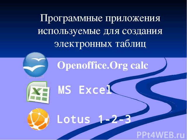 Программные приложения используемые для создания электронных таблиц Openoffice.Org calc MS Excel Lotus 1-2-3