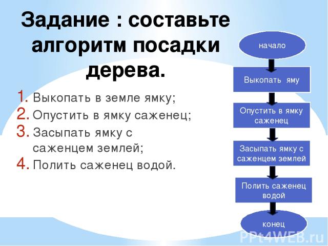 Задание : составьте алгоритм посадки дерева. Выкопать в земле ямку; Опустить в ямку саженец; Засыпать ямку с саженцем землей; Полить саженец водой. начало конец Выкопать яму Опустить в ямку саженец Засыпать ямку с саженцем землей Полить саженец водой