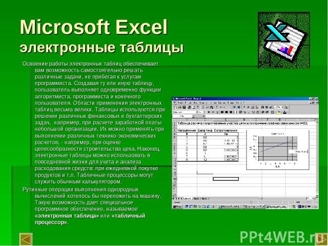 Microsoft Excel электронные таблицы Освоение работы электронных таблиц обеспечивает вам возможность самостоятельно решать различные задачи, не прибегая к услугам программиста. Создавая ту или иную таблицу, пользователь выполняет одновременно функции…