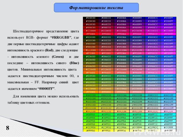 8 Шестнадцатеричное представление цвета использует RGB- формат “#RRGGBB”, где две первые шестнадцатеричные цифры задают интенсивность красного (Red), две следующие - интенсивность зеленого (Green) и две последние – интенсивность синего (Blue) цветов…