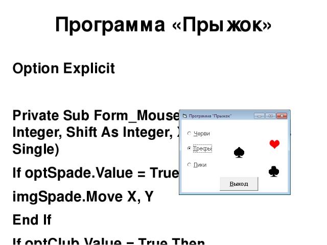 Программа «Прыжок» Option Explicit Private Sub Form_MouseDown(Button As Integer, Shift As Integer, X As Single, Y As Single) If optSpade.Value = True Then imgSpade.Move X, Y End If If optClub.Value = True Then imgClub.Move X, Y End If If optHeart.Va…