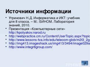 Источники информации Угринович Н.Д. Информатика и ИКТ: учебник для 8 класса. – М
