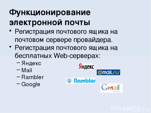 Регистрация почтового ящика на почтовом сервере провайдера. Регистрация почтового ящика на бесплатных Web-серверах: Яндекс Mail Rambler Google Функционирование электронной почты