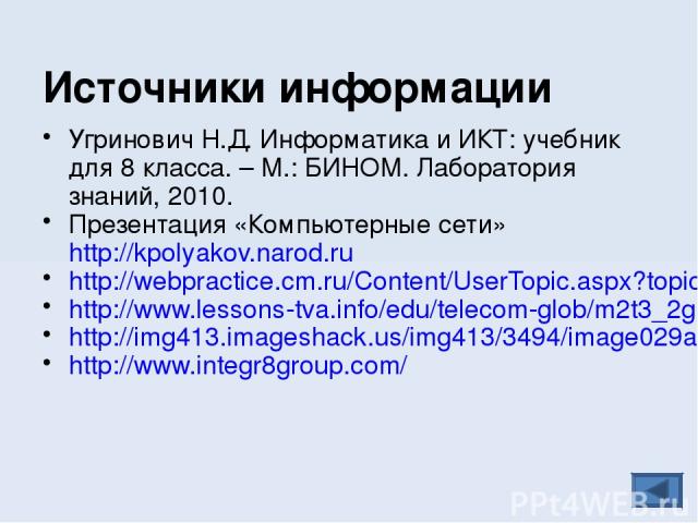 Источники информации Угринович Н.Д. Информатика и ИКТ: учебник для 8 класса. – М.: БИНОМ. Лаборатория знаний, 2010. Презентация «Компьютерные сети» http://kpolyakov.narod.ru http://webpractice.cm.ru/Content/UserTopic.aspx?topicID=d8e9b78f-0696-4844-…