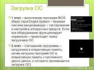 Загрузка ОС 1 этап – выполнение программ BIOS (Basic Input/Output System – базов