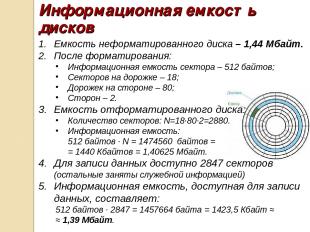 Информационная емкость дисков Емкость неформатированного диска – 1,44 Мбайт. Пос