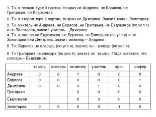 1. Т.к. в первом туре 3 партии, то врач не Андреев, не Борисов, не Григорьев, не