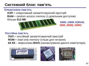 * Системний блок: пам’ять SIMM, DIMM SDRAM, DDR, DDR2, DDR3 Оперативна пам’ять О