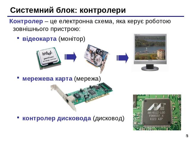 * Системний блок: контролери Контролер – це електронна схема, яка керує роботою зовнішнього пристрою: відеокарта (монітор) мережева карта (мережа) контролер дисковода (дисковод)