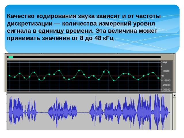 Качество кодирования звука зависит и от частоты дискретизации — количества измерений уровня сигнала в единицу времени. Эта величина может принимать значения от 8 до 48 кГц .