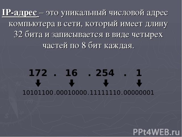 IP-адрес – это уникальный числовой адрес компьютера в сети, который имеет длину 32 бита и записывается в виде четырех частей по 8 бит каждая.