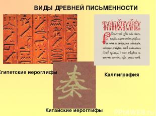 ВИДЫ ДРЕВНЕЙ ПИСЬМЕННОСТИ Египетские иероглифы Китайские иероглифы Каллиграфия