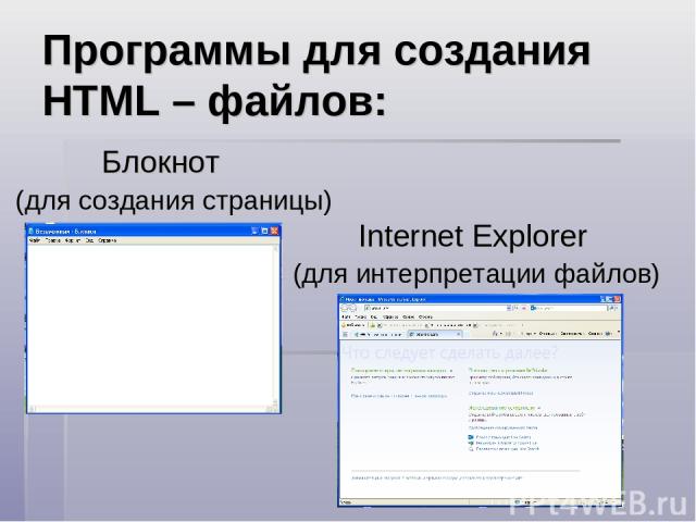 Блокнот (для создания страницы) Internet Explorer (для интерпретации файлов) Программы для создания HTML – файлов: