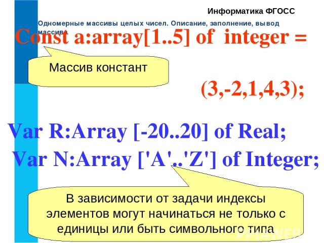 Одномерные массивы целых чисел. Описание, заполнение, вывод массива Информатика ФГОСС Сonst a:array[1..5] of  integer = (3,-2,1,4,3); Массив констант Var N:Array ['A'..'Z'] of Integer; Var R:Array [-20..20] of Real; В зависимости от задачи индексы э…