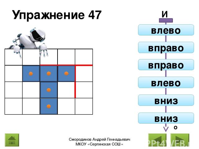 Упражнение 47 Вправо И влево вправо вправо влево вниз вниз Смородинов Андрей Геннадьевич МКОУ «Сергинская СОШ»
