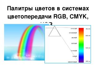 Палитры цветов в системах цветопередачи RGB, CMYK, HSB.