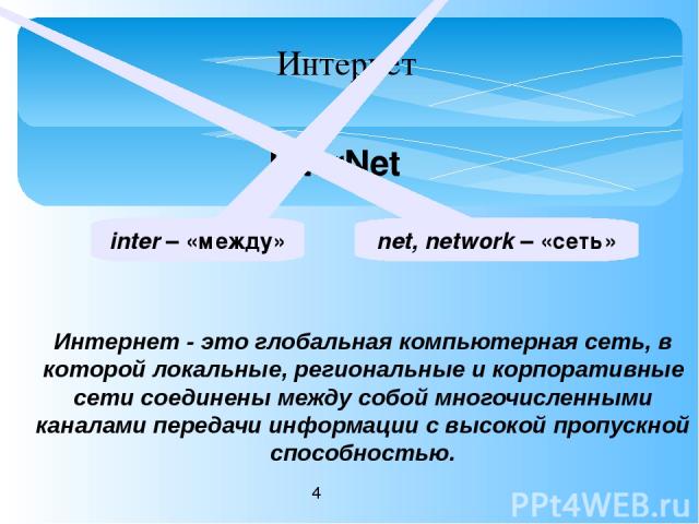 Интернет Интернет - это глобальная компьютерная сеть, в которой локальные, региональные и корпоративные сети соединены между собой многочисленными каналами передачи информации с высокой пропускной способностью. InterNet inter – «между» net, network …
