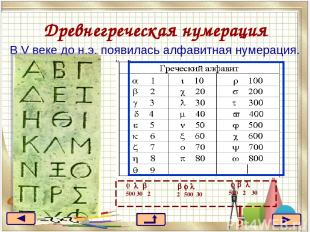 Древнегреческая нумерация В V веке до н.э. появилась алфавитная нумерация.