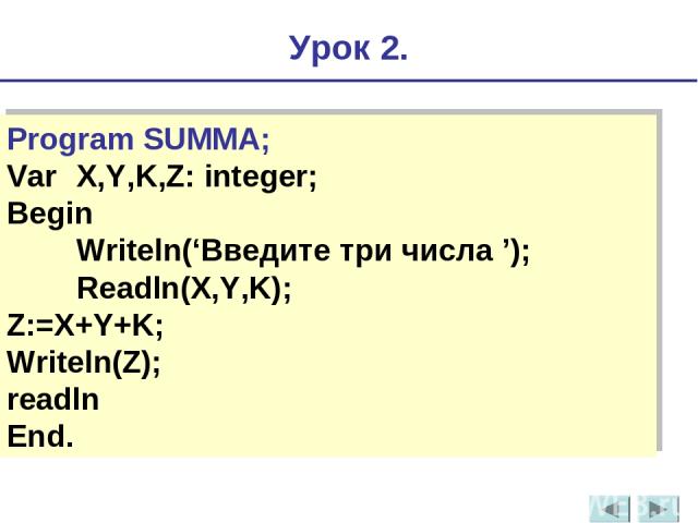 Program SUMMA; Var X,Y,K,Z: integer; Begin Writeln(‘Введите три числа ’); Readln(X,Y,K); Z:=X+Y+K; Writeln(Z); readln End. Урок 2.