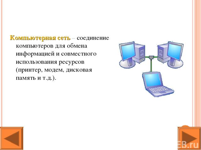 Компьютерная сеть – соединение компьютеров для обмена информацией и совместного использования ресурсов (принтер, модем, дисковая память и т.д.).