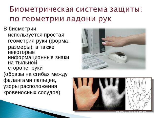 В биометрии используется простая геометрия руки (форма, размеры), а также некоторые информационные знаки на тыльной стороне  руки  (образы на сгибах между фалангами пальцев, узоры расположения кровеносных сосудов)