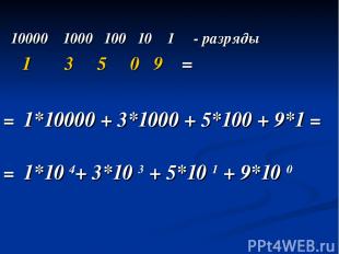 10000 1000 100 10 1 - разряды 1 3 5 0 9 = = 1*10000 + 3*1000 + 5*100 + 9*1 = = 1