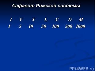 Алфавит Римской системы I V X L C D M 1 5 10 50 100 500 1000