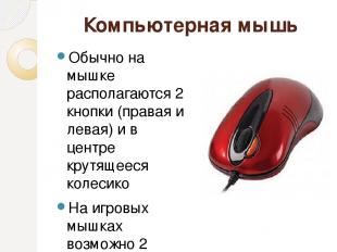 Компьютерная мышь Обычно на мышке располагаются 2 кнопки (правая и левая) и в це