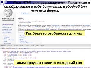 Язык HTML интерпретируется браузерами и отображается в виде документа, в удобной