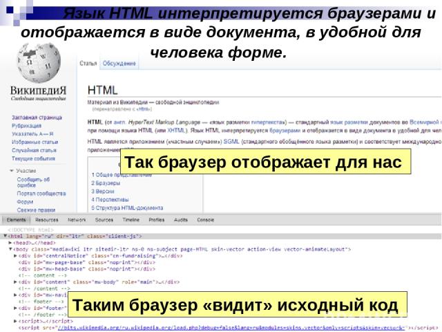 Язык HTML интерпретируется браузерами и отображается в виде документа, в удобной для человека форме. Так браузер отображает для нас Таким браузер «видит» исходный код